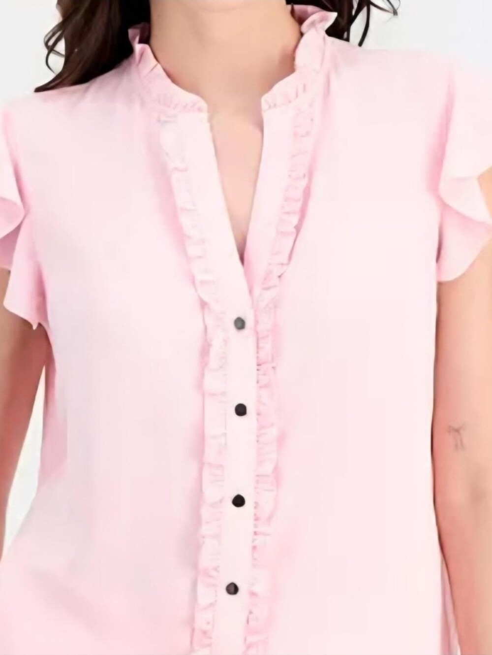 Anne Klein Light Pink Ruffle-Trim Button Front Blouse